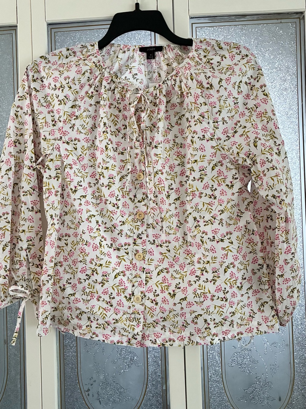 J. Crew White Floral Tie-Neck Blouse with Pink & Green Print
